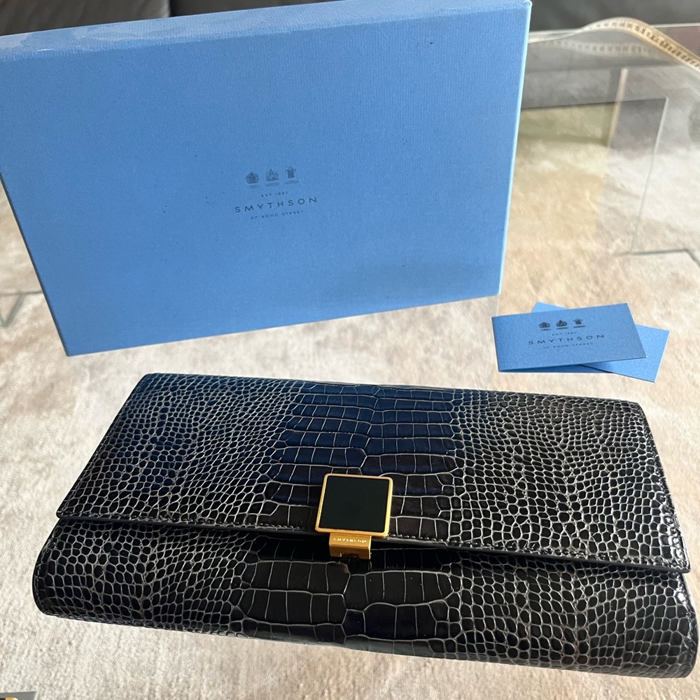 Smythson Brown Croc Embossed Travel Clutch